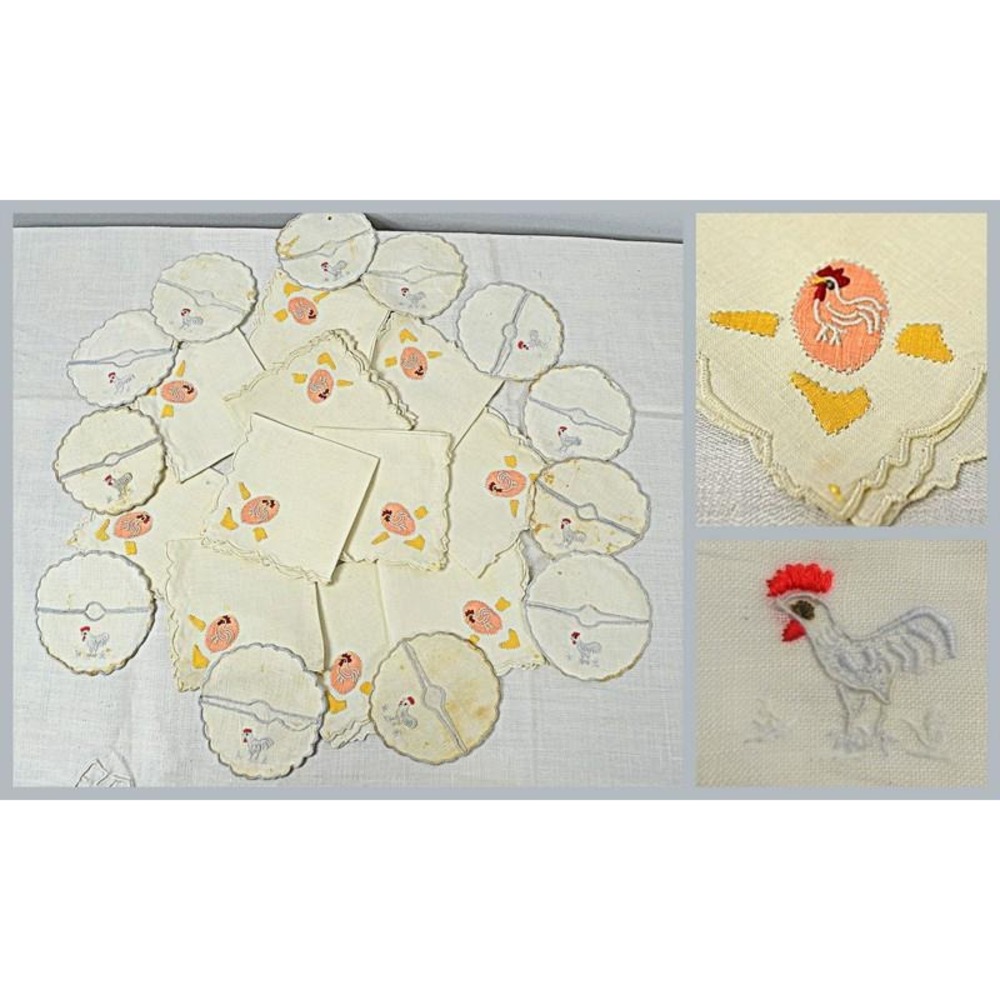 24 vintage embroidered linen‎ rooster cocktail napkins and drink stem slippers